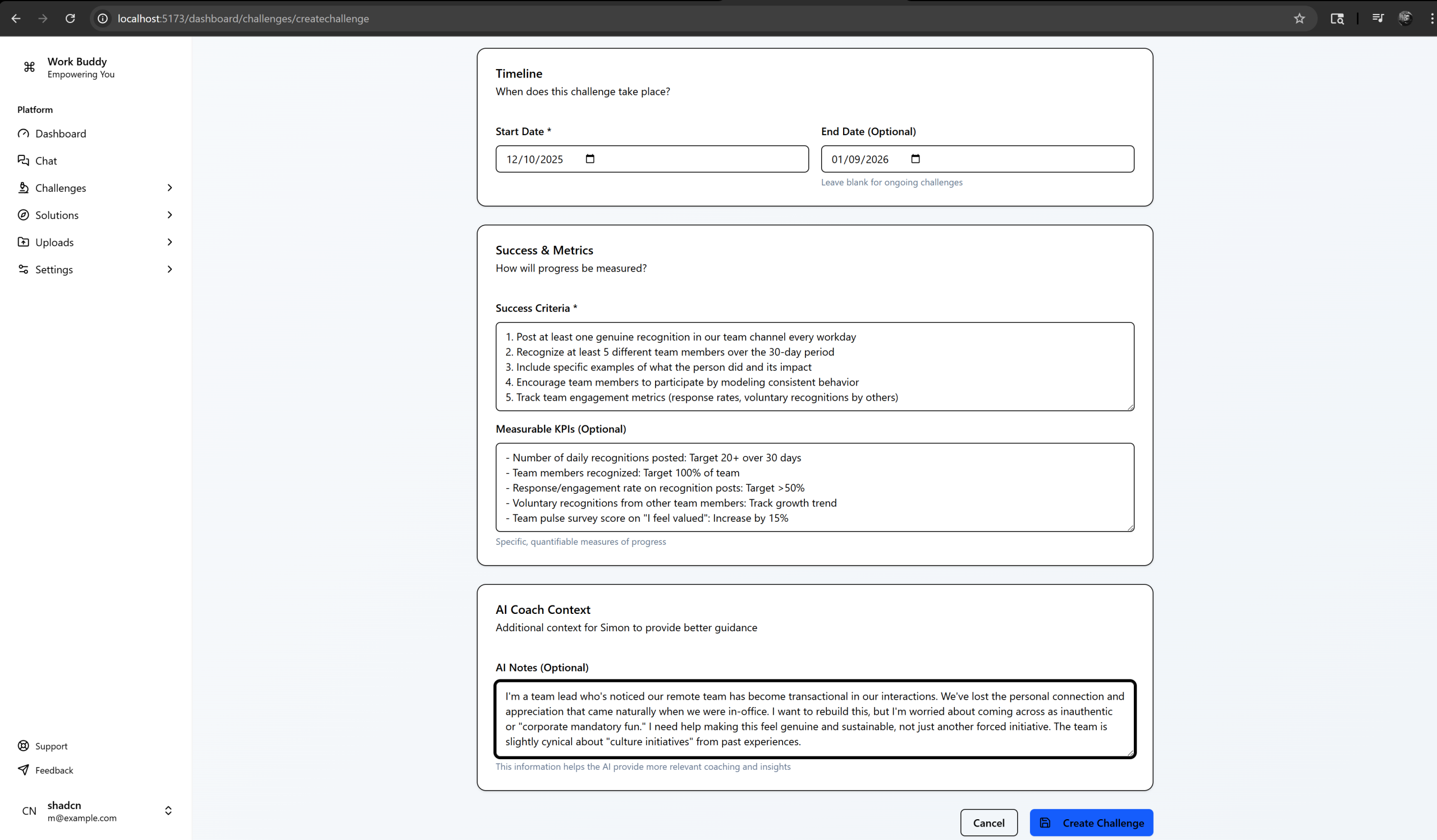 WorkBuddy challenge creation form with category, timeline, and success criteria fields