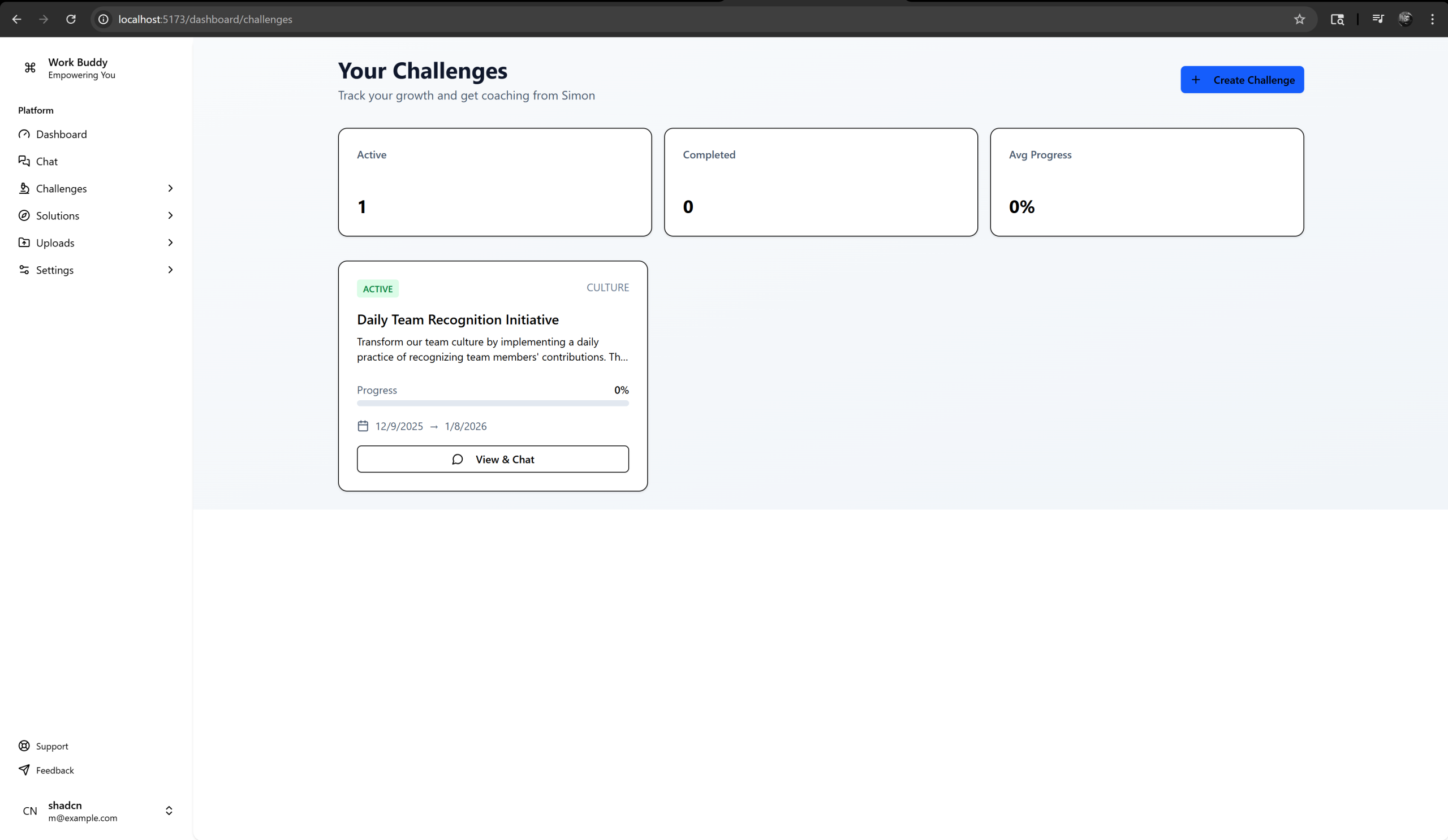 Challenge progress tracking with checkboxes and completion percentage