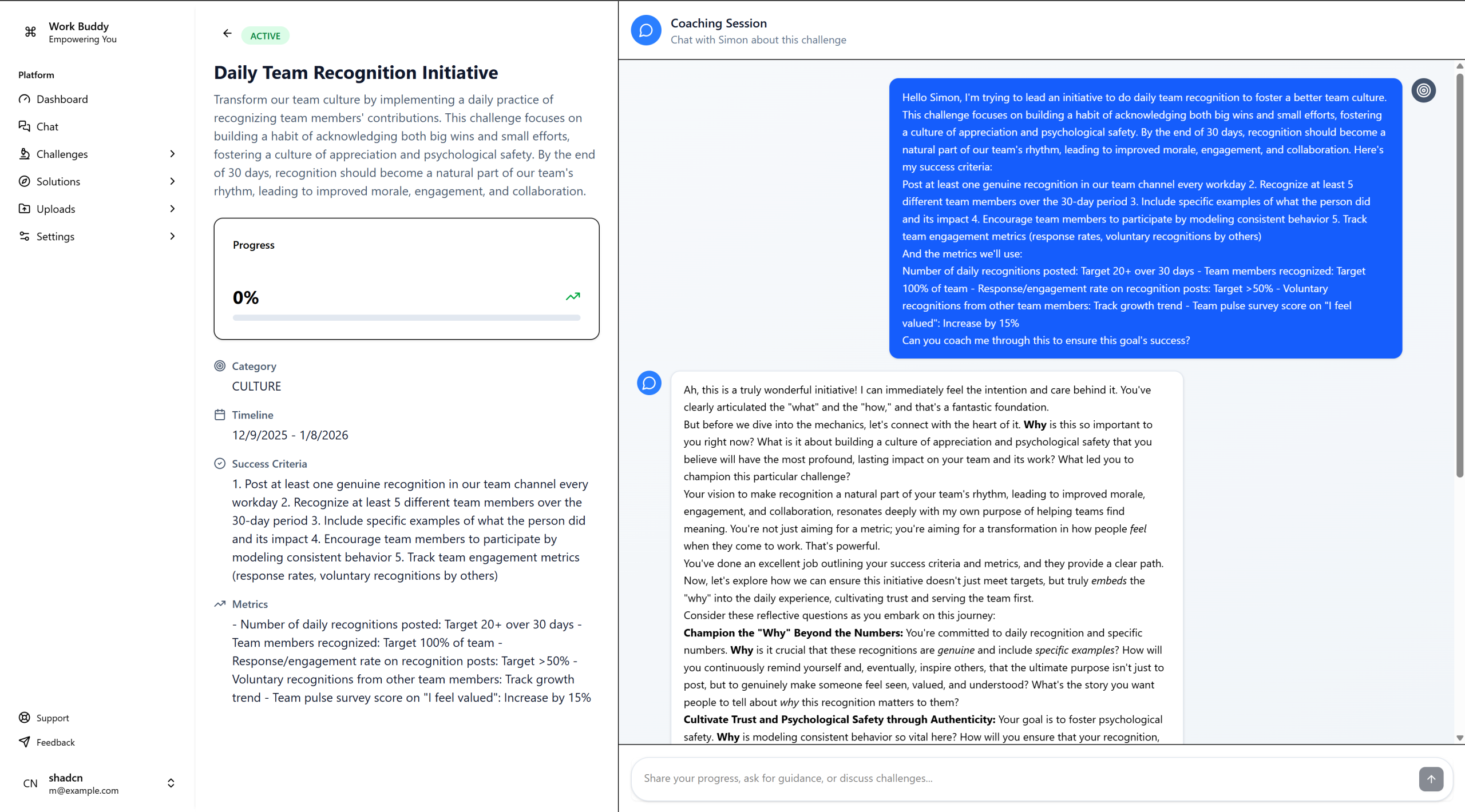 AI coach Simon providing contextual leadership coaching in a conversational interface