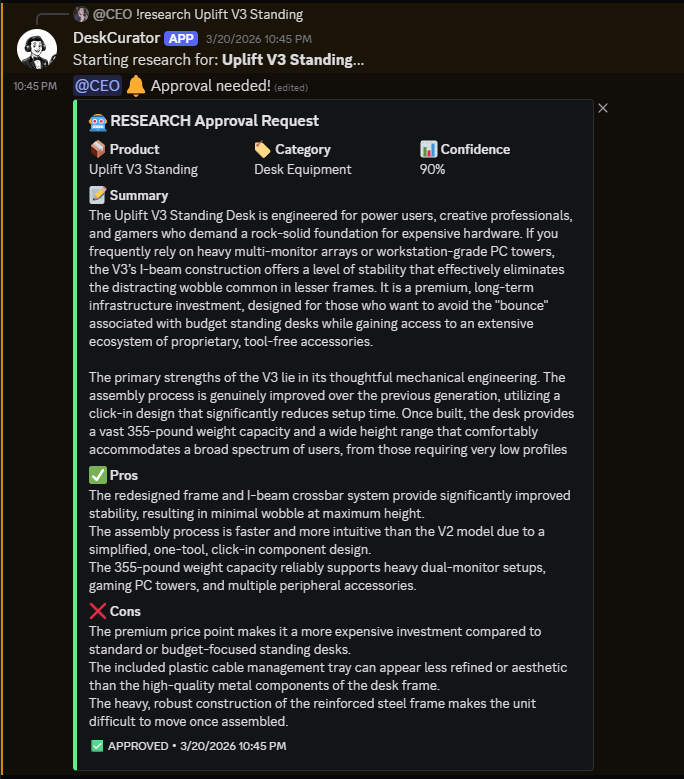 Discord bot showing AI-generated product research with pros, cons, and approval workflow
