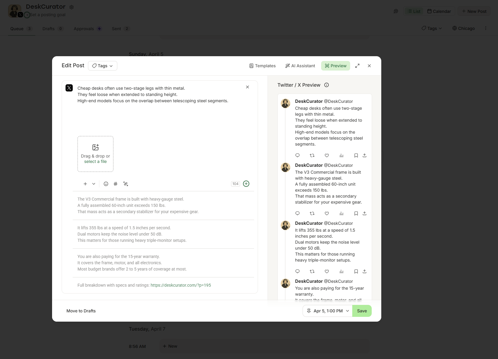 Buffer showing auto-generated Twitter thread scheduled for social distribution