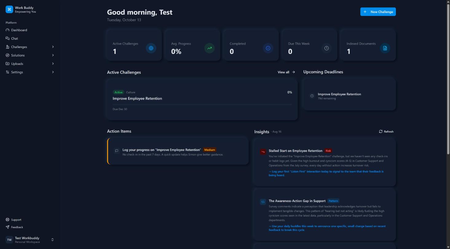 WorkBuddy dashboard showing challenge stats, a computed action item and AI-generated insight cards
